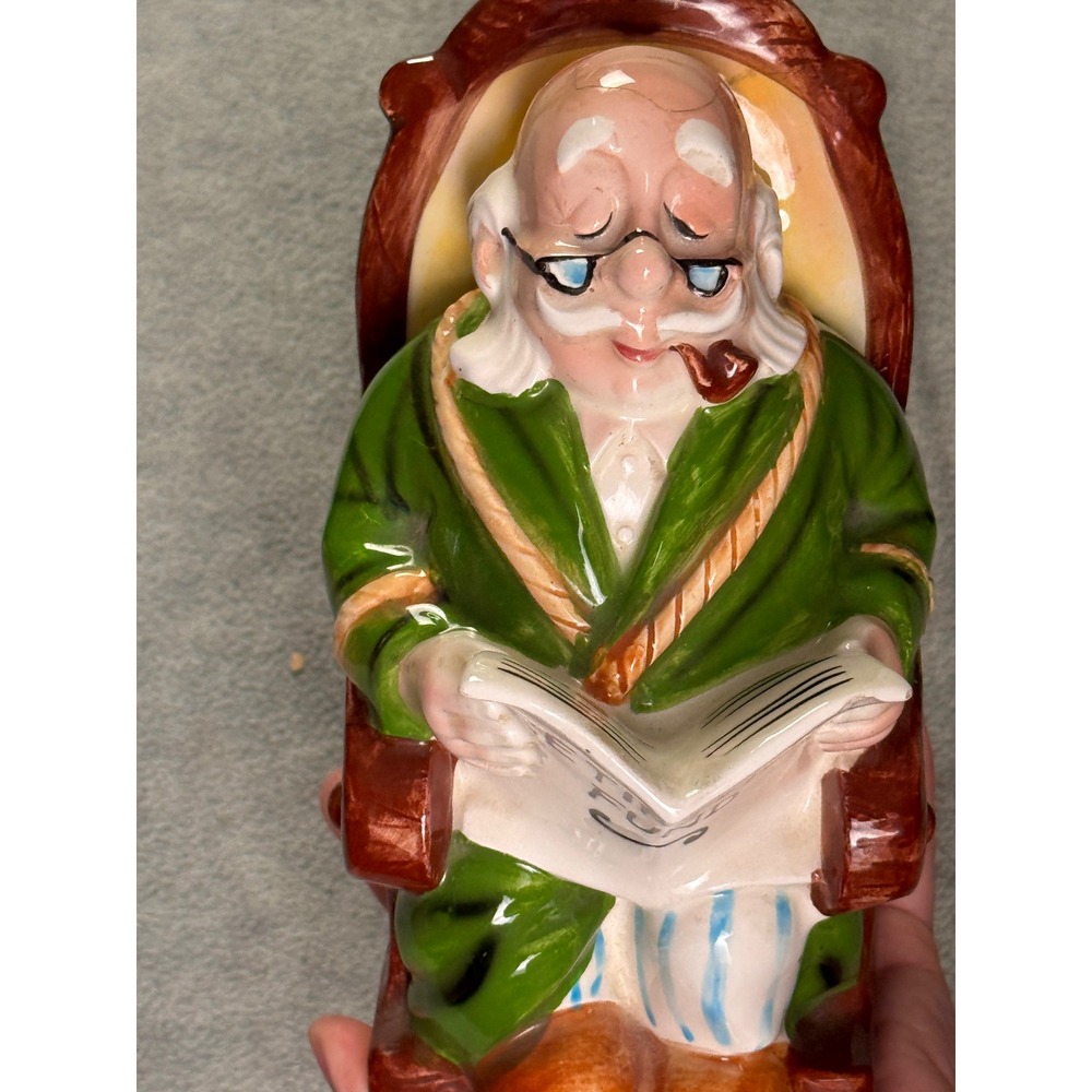 Vintage Lefton Retirement Fund Piggy Bank Ceramic Old Man Rocking Chair Japan